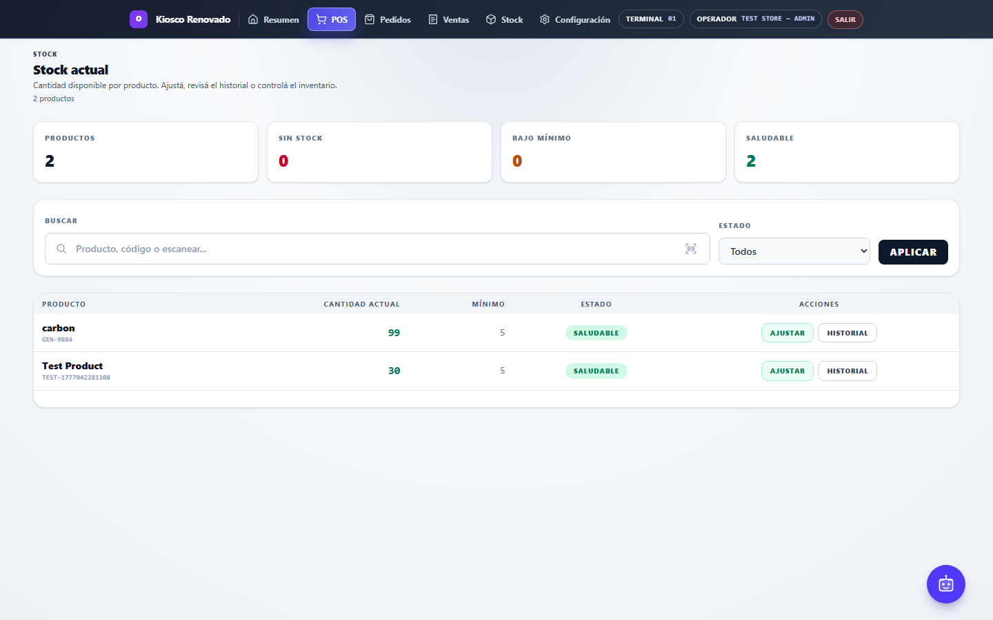 Panel de productos y stock de Odystock